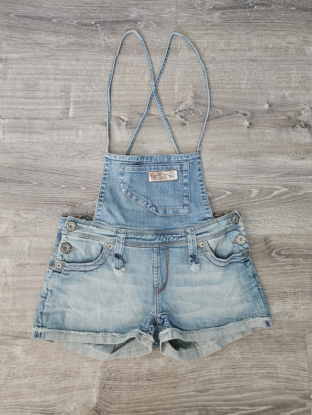 Y2K Apple Bottoms Denim Shortalls Romper Low Rise Frayed Cuffed Distressed 7/8